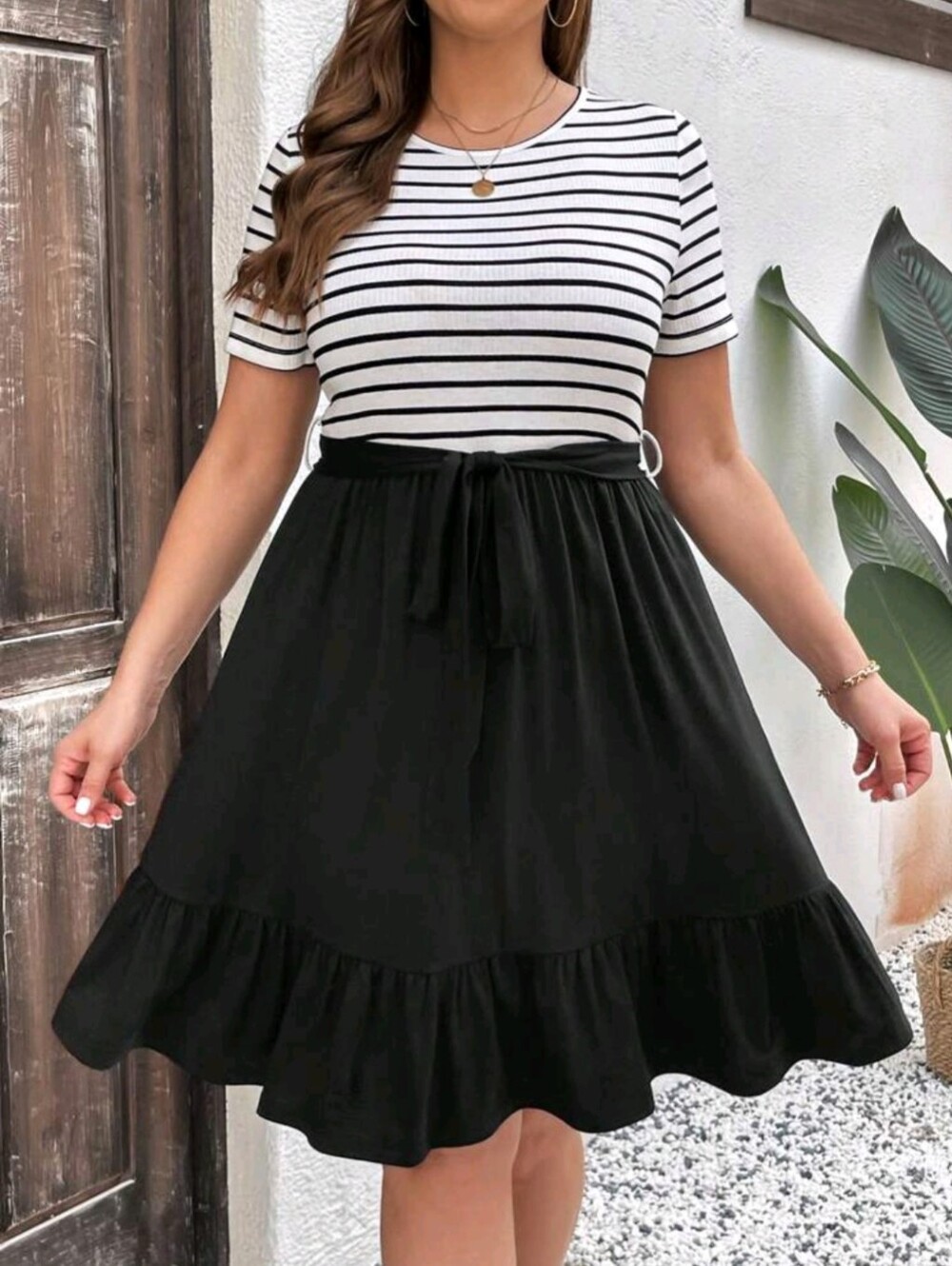 Black Ruffle Hem Casual Striped Dress